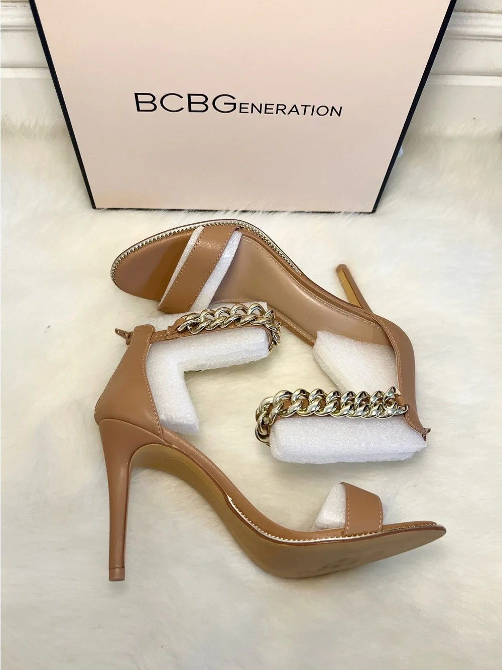 BCBGeneration Jadia Tan High Heel Sandal with Gold Chain Ankle Strap